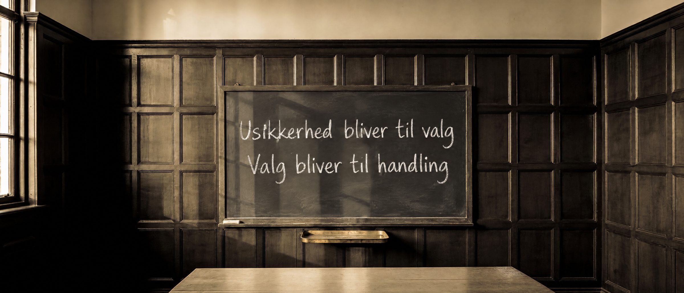 Kridttavle i et mørkt panelbeklædt mødelokale. Med kridt står der: Usikkerhed bliver til valg. Valg bliver til handling.